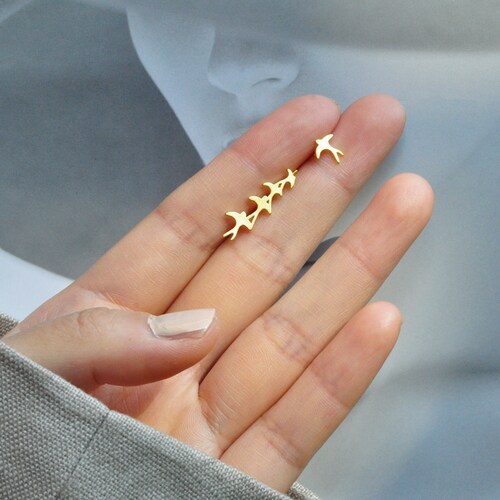 Sterling Silver Mismatched Swallow Earrings,Gold Birds Earrings, Asymmetrical Earrings, Flock of Birds Earrings,Dainty Climber