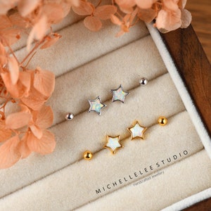 Opal Star Huggie Hoop Earrings, Fire Opal Star Pull Through Open Hoop Earrings with Screw backs