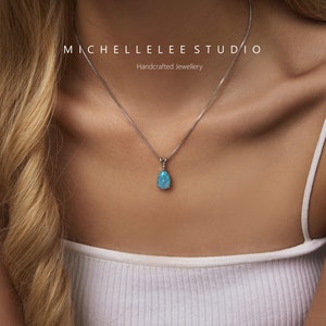 Minimalist Droplet Fire Opal Pendant Necklace, Large Blue Opal and White Opal Pendant Necklace with Matching Earrings, Simple Geometric image 3