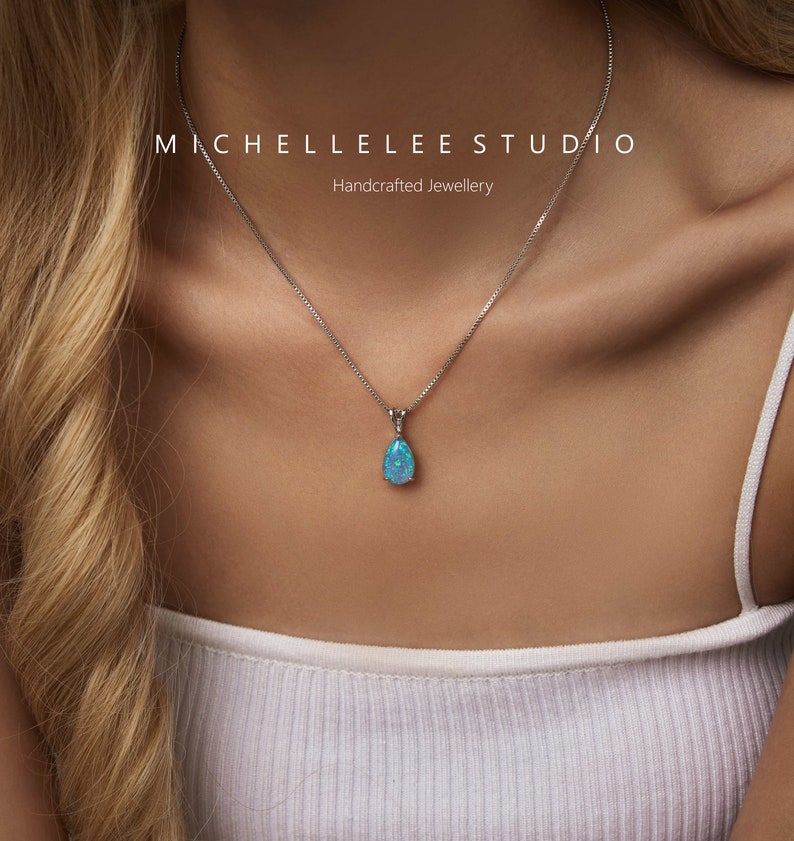 Minimalist Droplet Fire Opal Pendant Necklace, Large Blue Opal and White Opal Pendant Necklace with Matching Earrings, Simple Geometric image 3