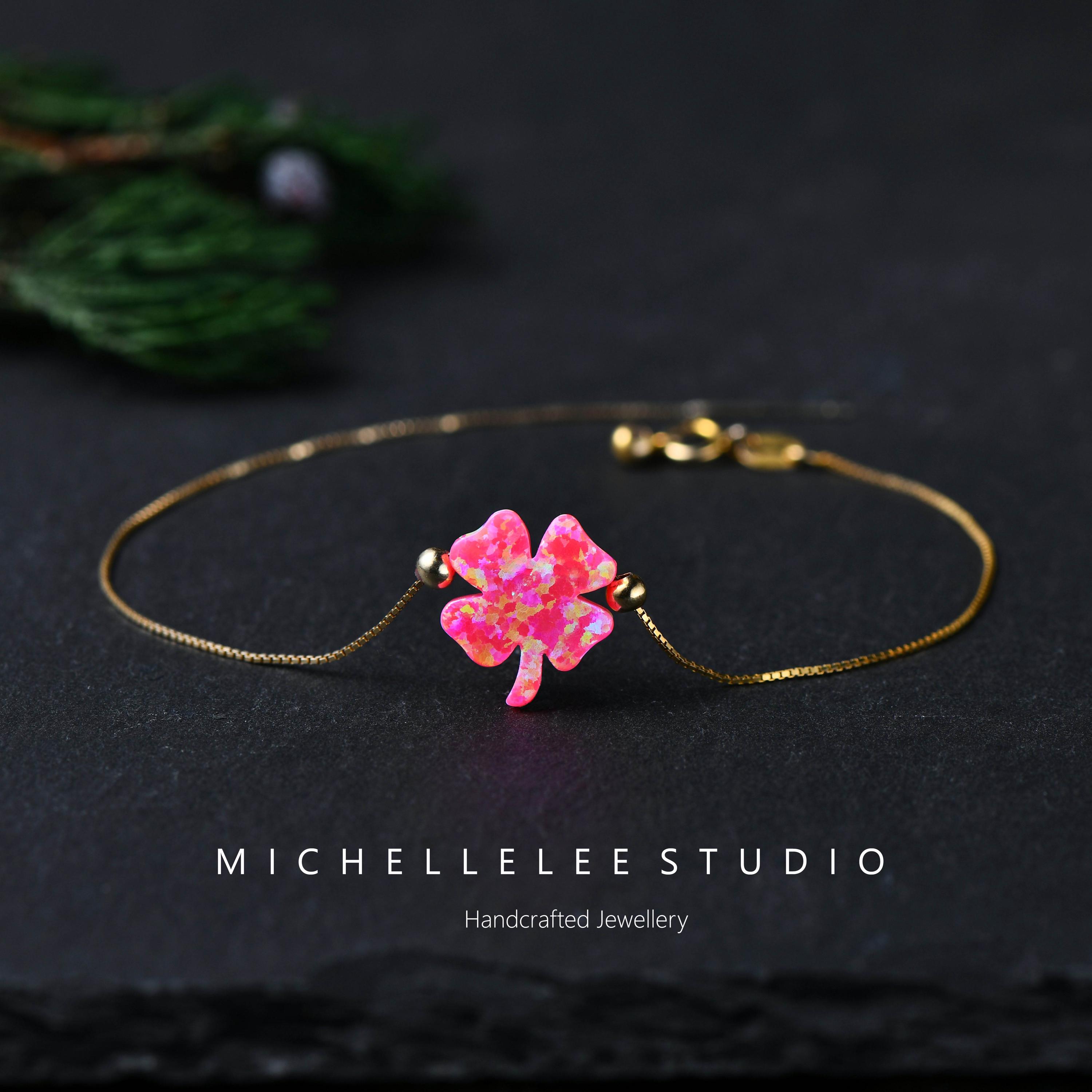 Green Opal Clover Bracelet, 925 Sterling Silver Lucky Charm - Etsy