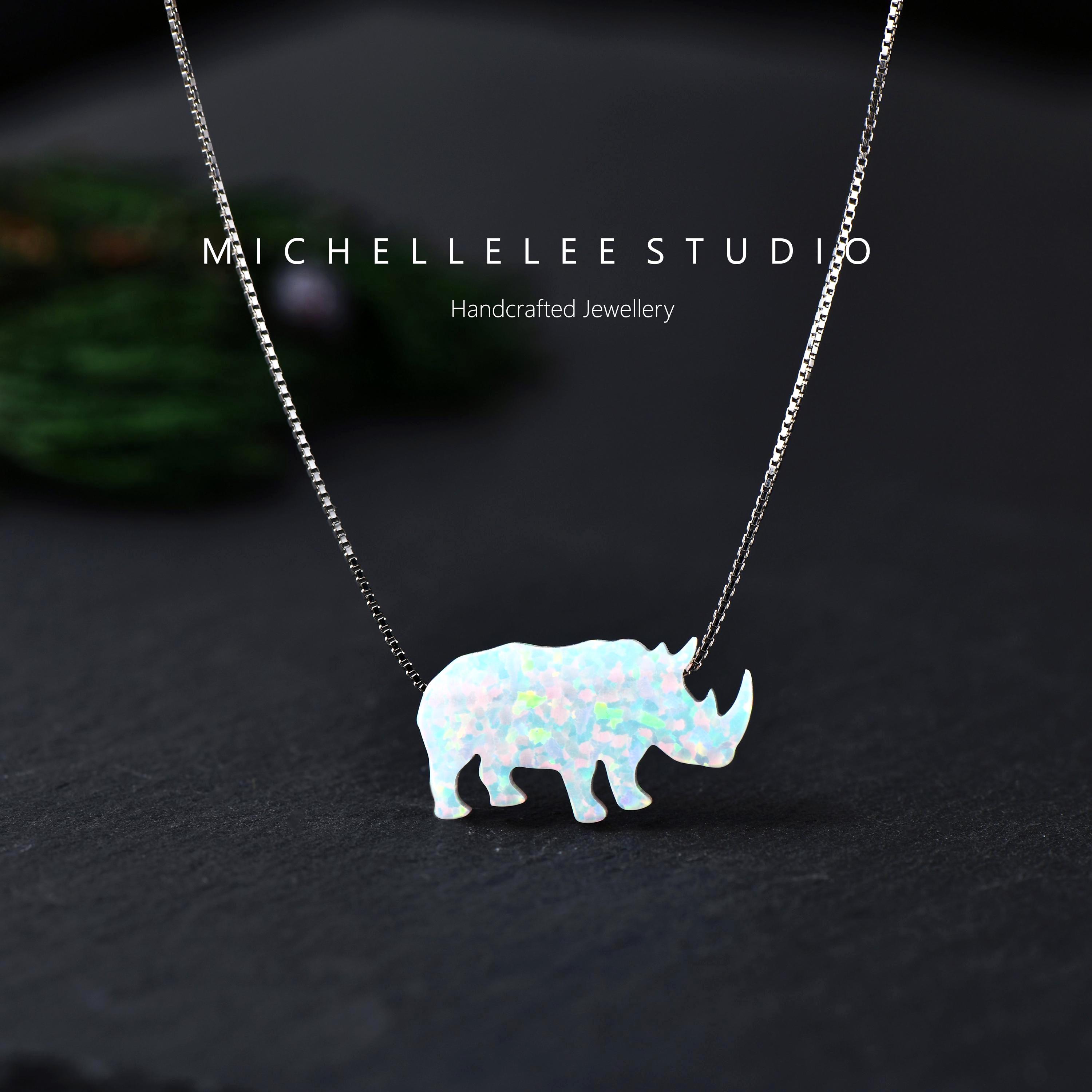 White Opal Rhino Sterling Silver Necklace, Gold Rhinoceros Pendant