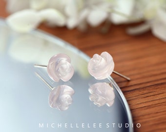 Hand Carved Natural Rose Quartz Flower Stud Earrings and Necklace in Sterling Silver, Rose Flower Earrings,Dainty and Pretty