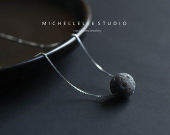 Hand Carved Meteorite  Pendant Necklace, Natural Silver Sheen Obsidian Bead Necklace