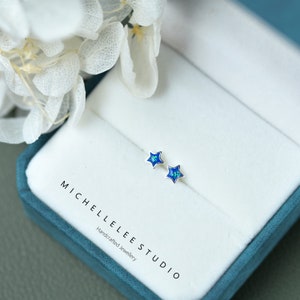 Sterling Silver Dainty Star Stud Earrings,Glitter Enamel Star Earrings,Starry blue Star,Minimalist