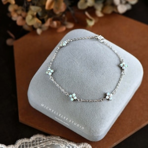 Dainty Fire Opal Clover Bracelet, White and Blue Opal Leaf Bracelet, Gift for Her, Birthstone