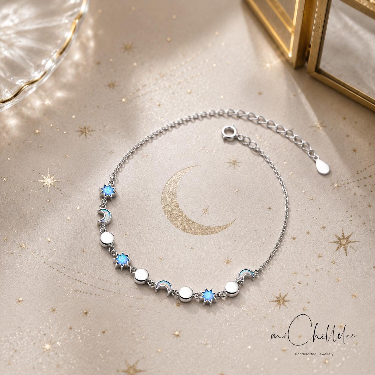 天体モチーフの月と星のブレスレット、スターリングシルバーのオパール 