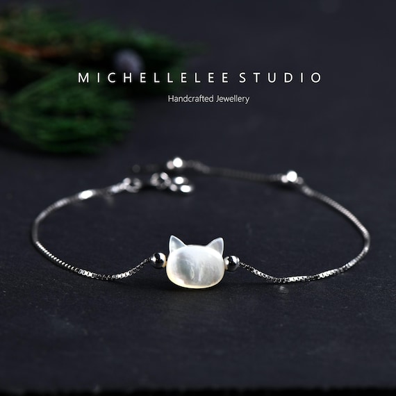 White Pearl Cat Bracelet, 925 Sterling Silver Kitty Bracelet
