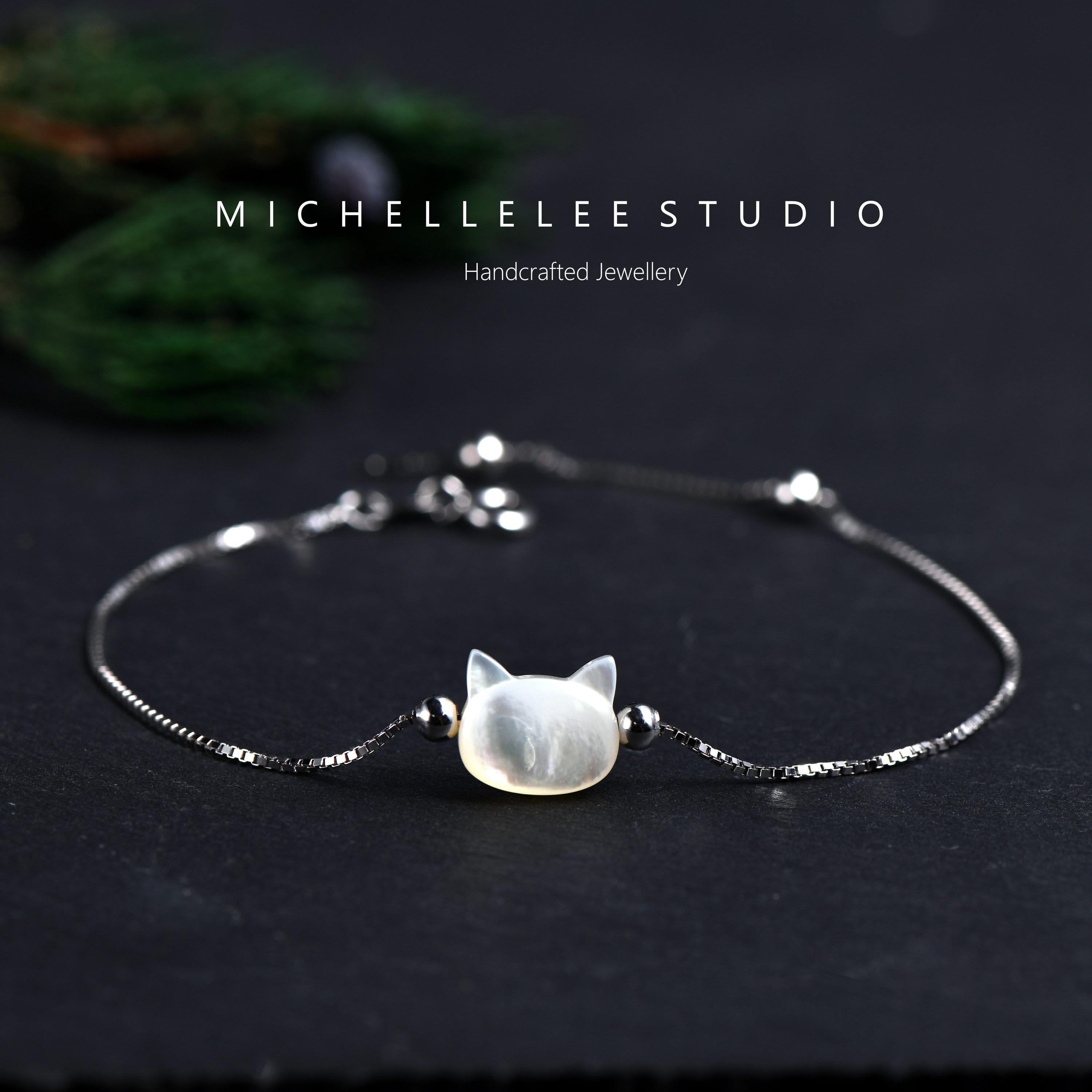 White Pearl Cat Bracelet, 925 Sterling Silver Kitty Bracelet