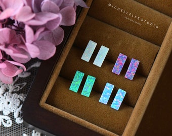 Semplici orecchini geometrici con opale, orecchini con opale di fuoco multicolore da 5 mm, orecchini con barra in argento sterling