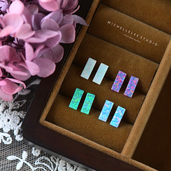 Simple Geometric Opal Stud Earrings, 5mm Multi Color Fire Opal Earrings, Sterling Silver Bar Stud Earrings
