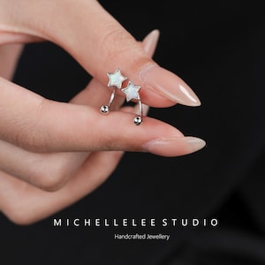 Opal Star Huggie Hoop Earrings, Fire Opal Star Pull Through Open Hoop Earrings with Screw backs