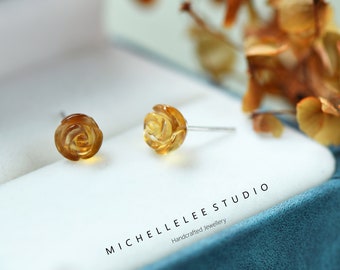 Hand Carved Natural Citrine Flower Stud Earrings in Sterling Silver,Rose Flower Earrings,Dainty and Pretty