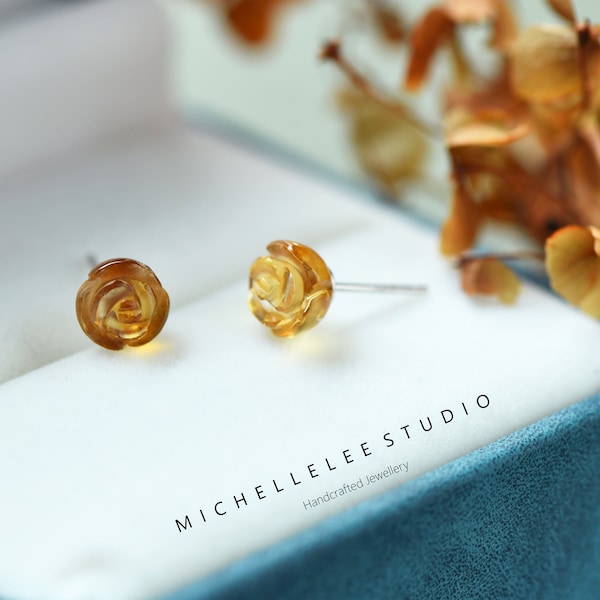Hand Carved Natural Citrine Flower Stud Earrings in Sterling Silver,Rose Flower Earrings,Dainty and Pretty
