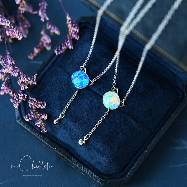 Cute Cat Fire Opal Pendant Necklace, Blue and White Opal Pendant Necklace In Sterling Silver,Simple Geometric Jewellery
