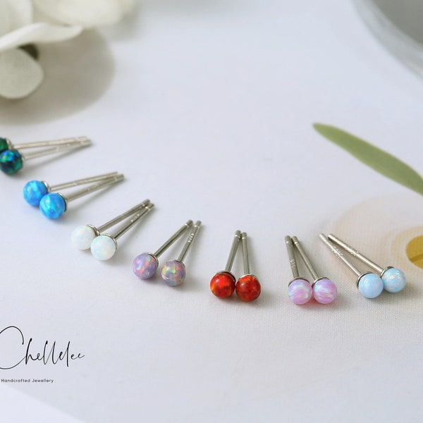 Tiny Opal Ball Stud Earrings, Multi Color Opal Ball Earrings in Sterling Silver,  Fire Opal Earrings, White Opal Earrings,