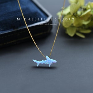 Blue Shark Pendant Necklace, Blue Opal Great White Shark necklace, Blue Opal Necklace, Opal Megalodon Necklace,Sea Animal