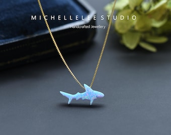 Blue Shark Pendant Necklace, Blue Opal Great White Shark necklace, Blue Opal Necklace, Opal Megalodon Necklace,Sea Animal