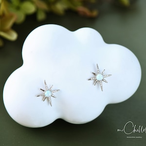 Large Opal Starburst Stud Earrings in Sterling Silver, White Opal Star Earrings, Crystal Star Earrings, Birthstone