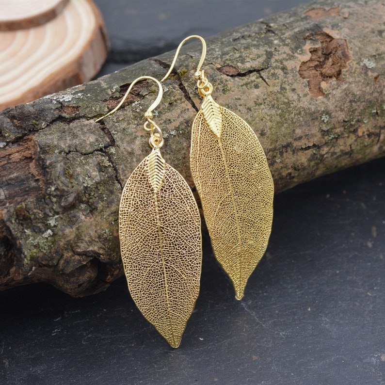 Pendientes colgantes de esqueleto de hoja, pendientes de gancho, delicados y elegantes, chapados en oro de 18 quilates o plateados, joyas inspiradas en la naturaleza imagen 5