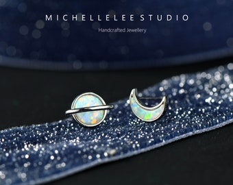 White Opal Planet and Moon Stud Earrings in Sterling Silver, Mismatched Planet and Moon Earrings
