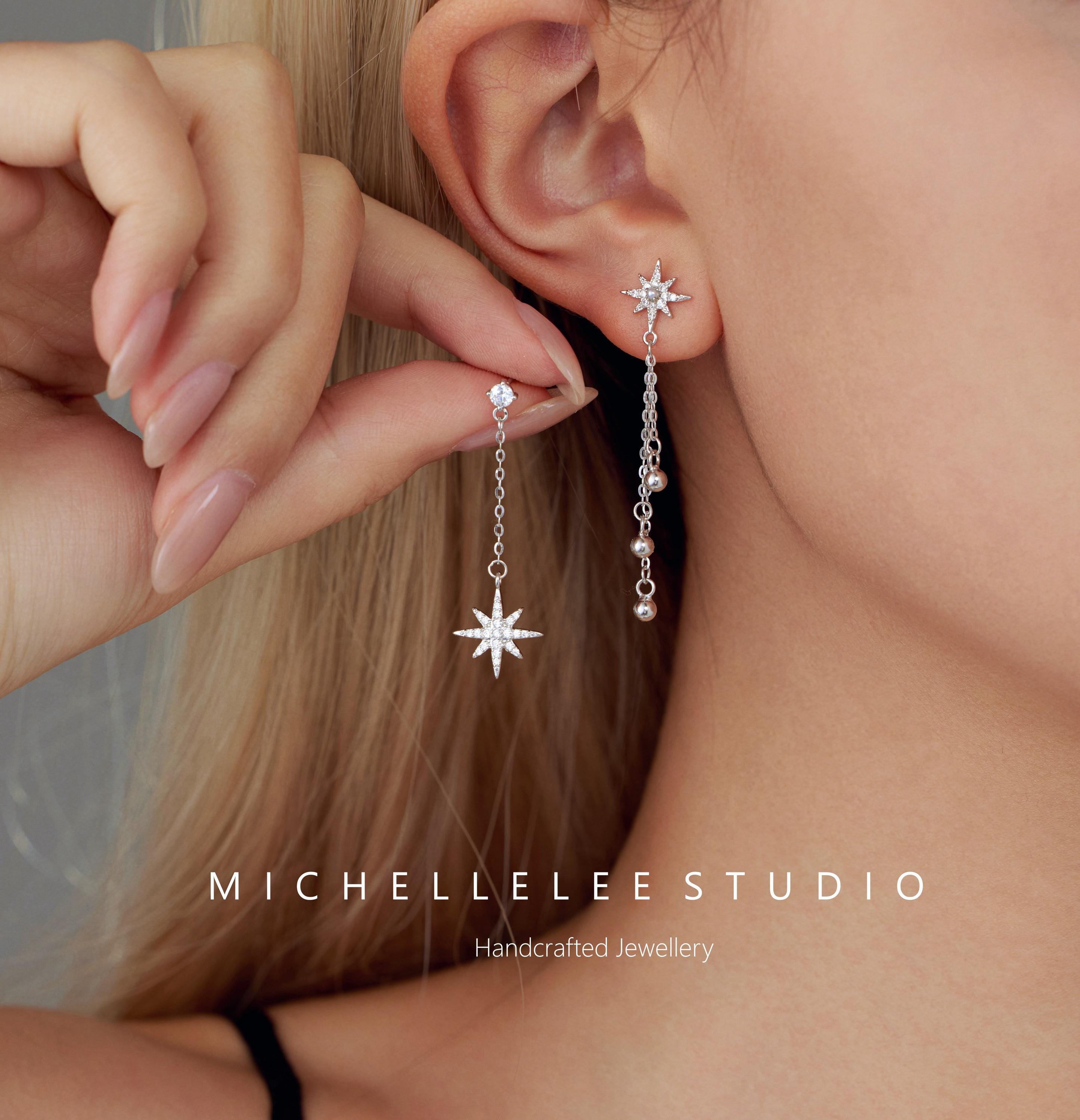 Dangling Starburst Drop Earrings, Sparkling Star Earrings With CZ 