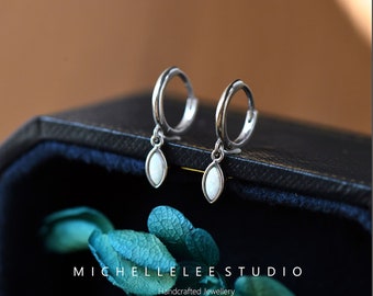 Marquise Cut Opal Huggie Hoop Earrings in Sterling Silver, Dangling White and Blue Marquise Charm Earrings, Fire Opal Jewlery