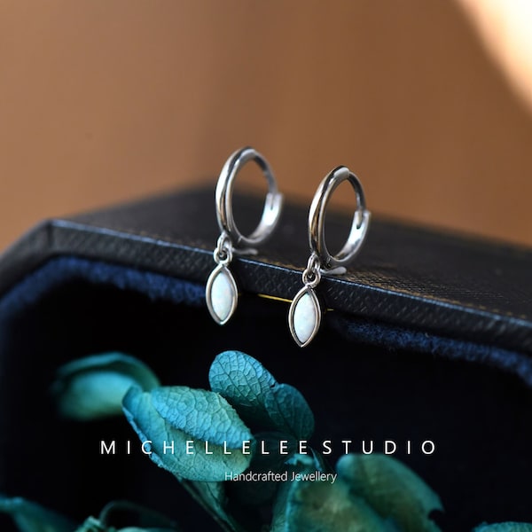 Marquise Cut Opal Huggie Hoop Earrings in Sterling Silver, Dangling White and Blue Marquise Charm Earrings, Fire Opal Jewlery