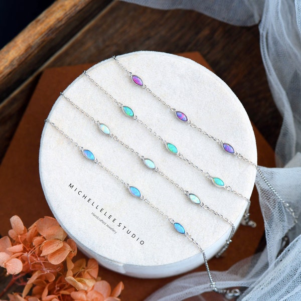 Simple Fire Opal Marquise Bracelet, White, Blue, Purple and Green Opal Bracelet, Birthstone, Gift for Her