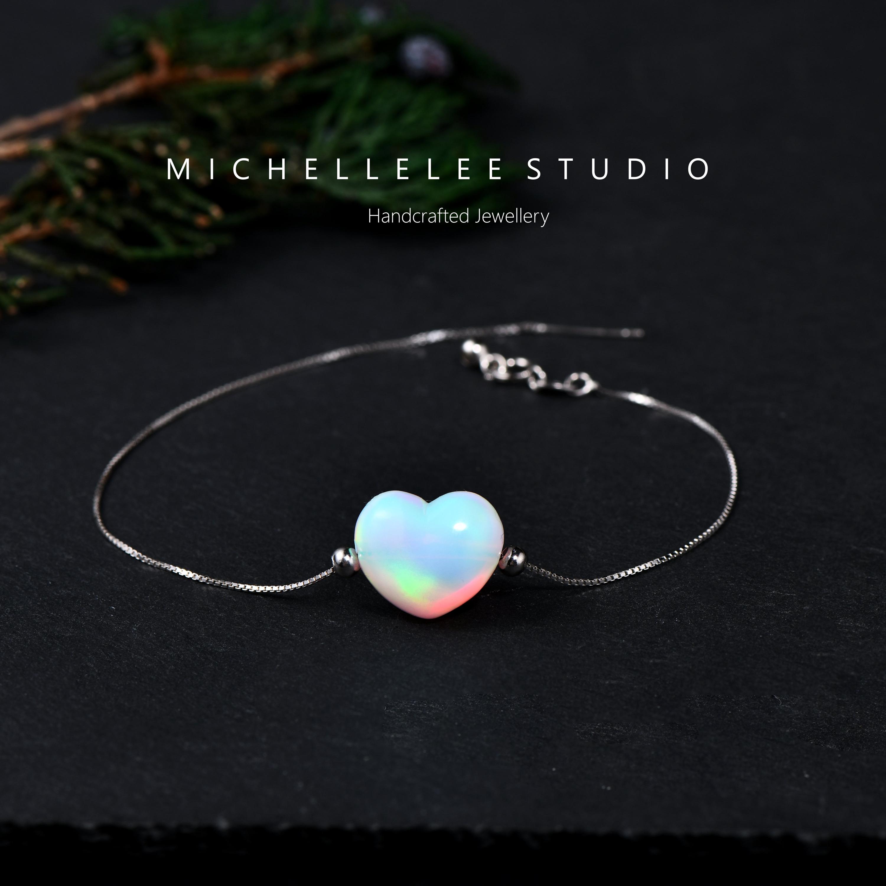 Large Blue Heart Opal Bracelet, 3D Fire Opal Heart Necklace With
