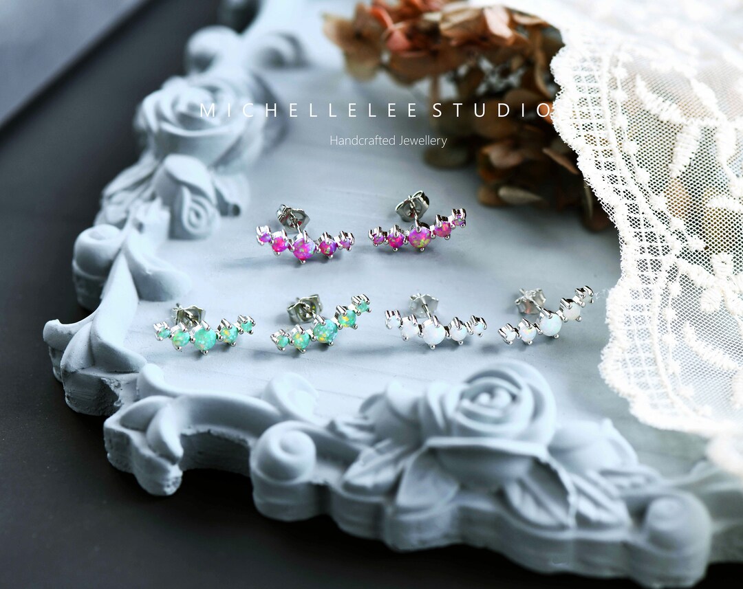 Curved Bar Opal Stud Earrings, Geometric Crawler, Blue and White Opal Earrings