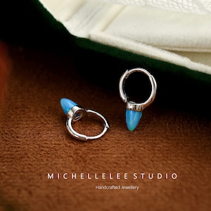 White and Blue Opal Spike Earrings, Dainty Fire Opal Spike Huggie Hoop Earrings, Gemstone Huggies Hoop Earrings, Punk