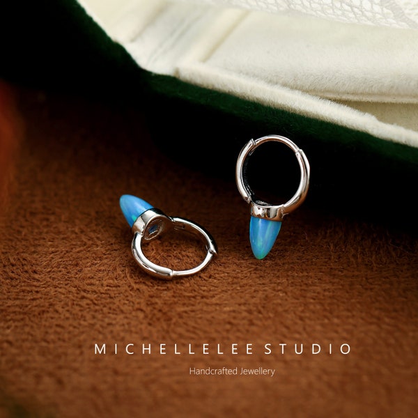 Blue Opal Spike Huggie Hoop Earrings, Punk Gemstone Earrings