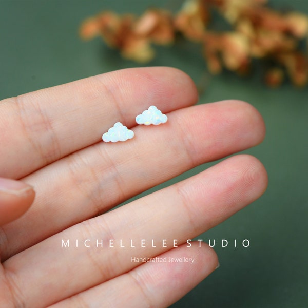 Tiny Cloud Opal Stud Earrings, Fire Opal Earrings, White Opal Earrings, Opal Cloud Earrings Matching Necklace Available, Opal Jewelry