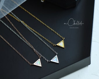 Triangle Opal Stainless Steel Choker, White Fire Opal Pendant Necklace, Gift for Her, Tarnish Free