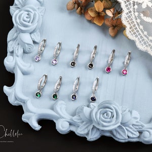 Sterling Silver Huggie Hoops with Crystal Charm, CZ Crystal Hoops Earrings, Tiny Circle Charm Earrings image 2