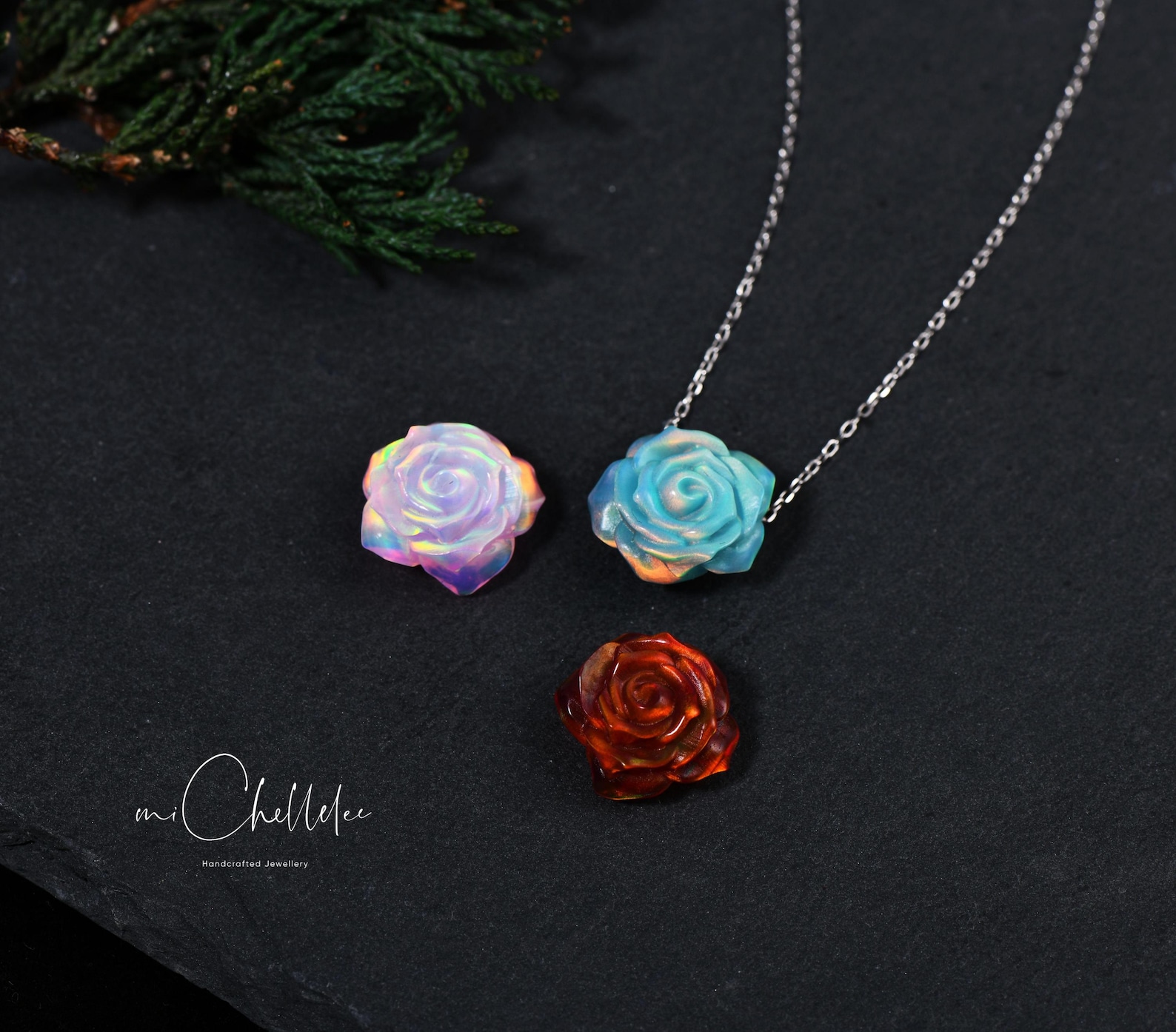 Colours For R Hand Carved Opal Rose Necklace, Multi Colour Flower Pendant Necklace ...