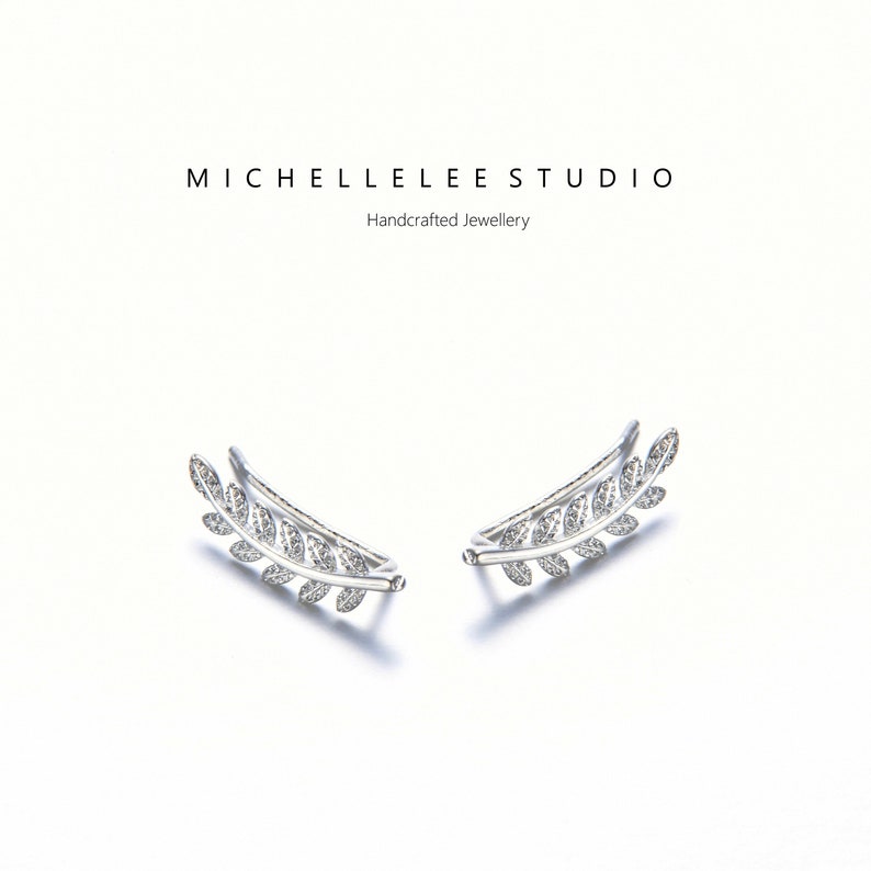 Delicate Leaf Ear Climbers, Gold and Silver Stainless Steel Olive Leaves Earrings, Ear Crawlers, Ear Climber image 7