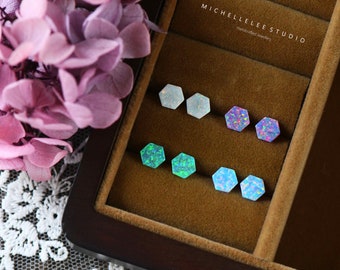 Simple Geometric Opal Stud Earrings, 5mm Multi Color Fire Opal Earrings, Sterling Silver Hexagon Stud Earrings,