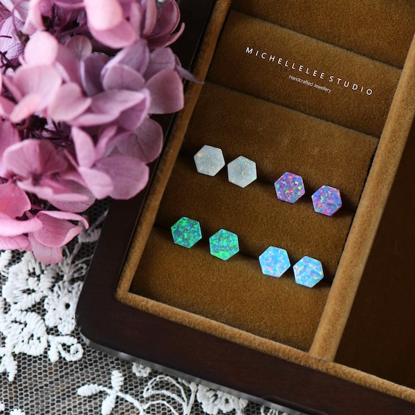 Simple Geometric Opal Stud Earrings, 5mm Multi Color Fire Opal Earrings, Sterling Silver Hexagon Stud Earrings,