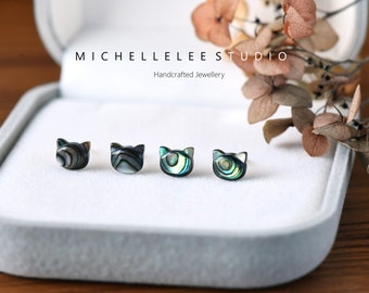 Hand Carved Abalone Shell Cat Stud Earrings, Natural Abalone Shell Earrings, Animal Earrings