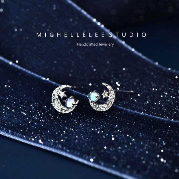Blue Moonstone Moon and Star Sterling Silver Stud Earrings