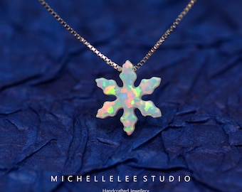 Opal Necklace, Fire Opal Snowflake Necklace, White Opal Necklace, Opal Necklace with Sterling Silver Chain, Snowflake Necklace