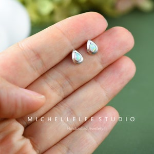 Tiny Fire Opal Droplet Stud Earrings, Teardrop White Opal Earrings, Pear Cut Opal Earrings, Chunky Earrings