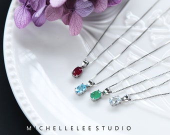 Natural Gemstone Sterling Silver Pendant Necklace, Birthstone Jewelry