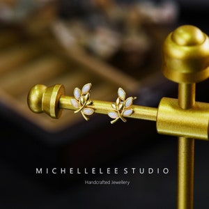 White Opal Olive Leaves Stud Earrings, Gold and Silver Tree Branch Stud Earrings, Leaf Stud Earrings, Olive Branch