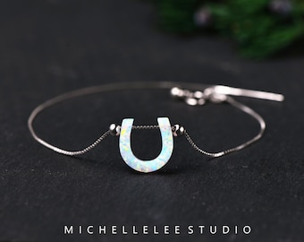 Opal Horseshoe Bracelet: Sterling Silver Chain, Lucky Charm