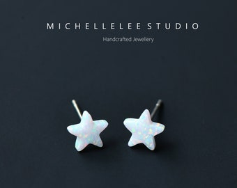 Tiny Star Opal Stud Earrings, Fire Opal Earrings, White Opal Earrings, Opal Star Earrings Matching Necklace Available, Opal Jewelry