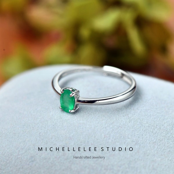 Natural Emerald Adjustable Ring, Emerald Green Gemstone Ring, Adjustable Sterling Silver Ring, May Birthstone