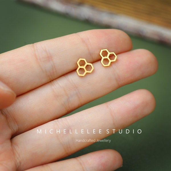 Minimalist Honeycomb Stainless Steel Stud Earrings, Gold and Silver Hive Stud Earrings